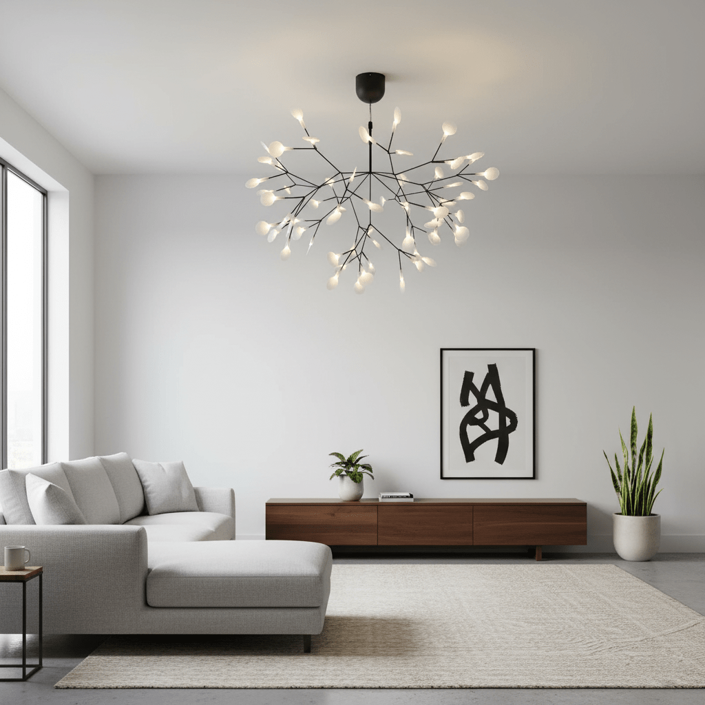 Black firefly LED chandelier casting a soft ambient glow