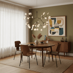 Black firefly LED chandelier glowing over a dining table
