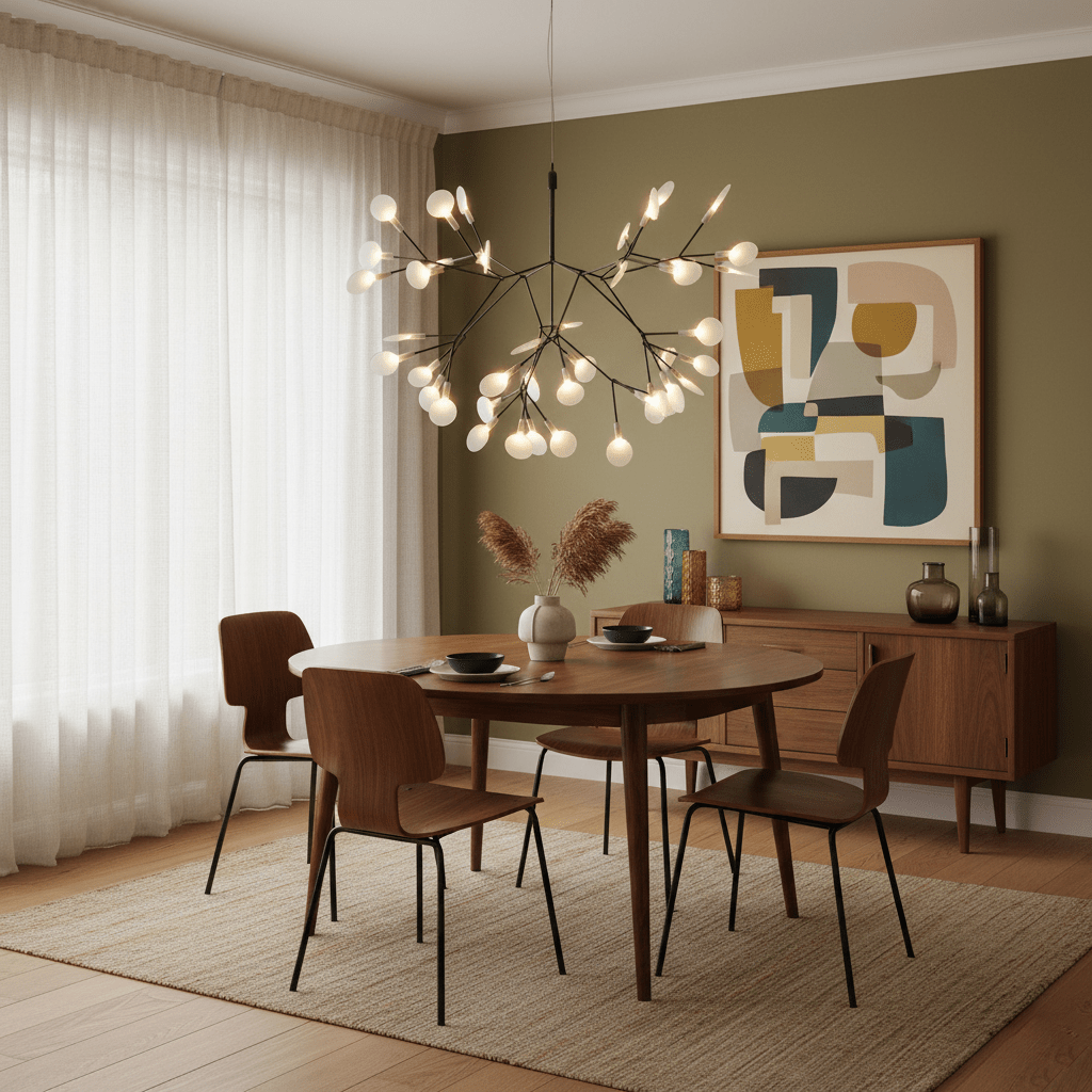 Black firefly LED chandelier glowing over a dining table
