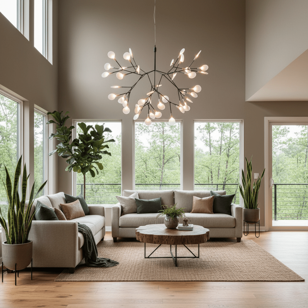 Black firefly chandelier blooming with warm light over a table