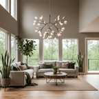 Black firefly chandelier blooming with warm light over a table