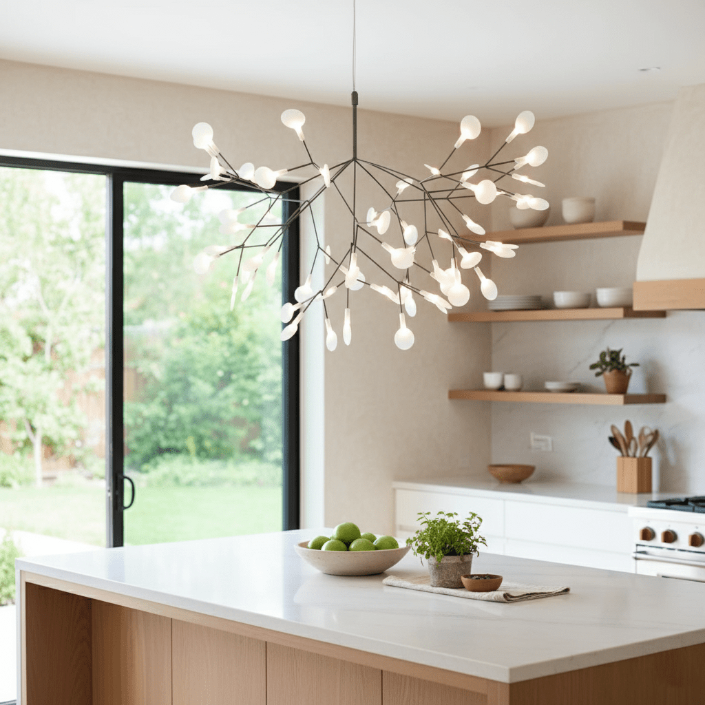 Firefly LED chandelier with delicate lit tips on a ceiling