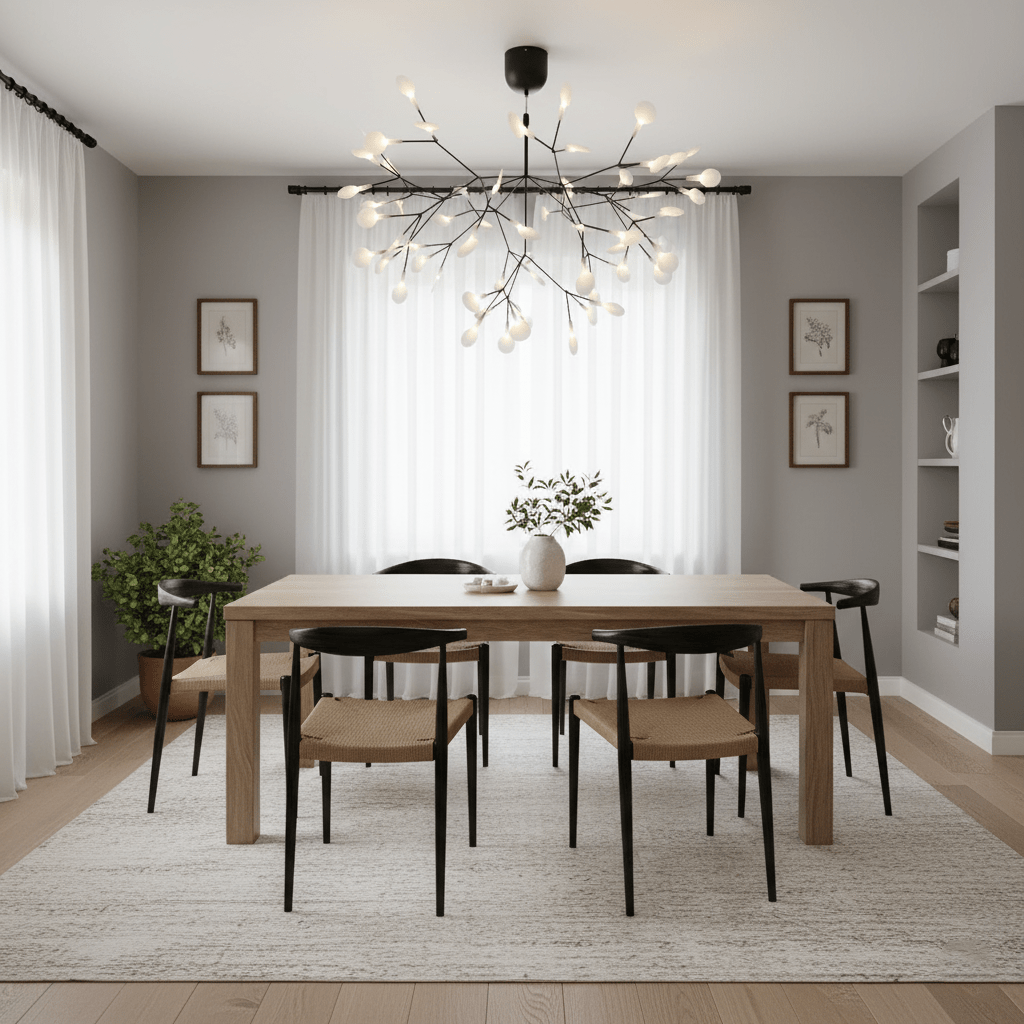 Branch chandelier with scattered firefly lights above a room