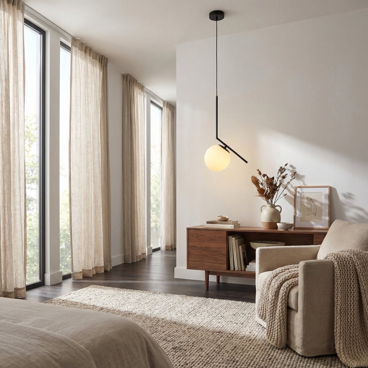Pendant Light, Angled Iron Frame, Frosted Glass Globe Shade, 12-Inch