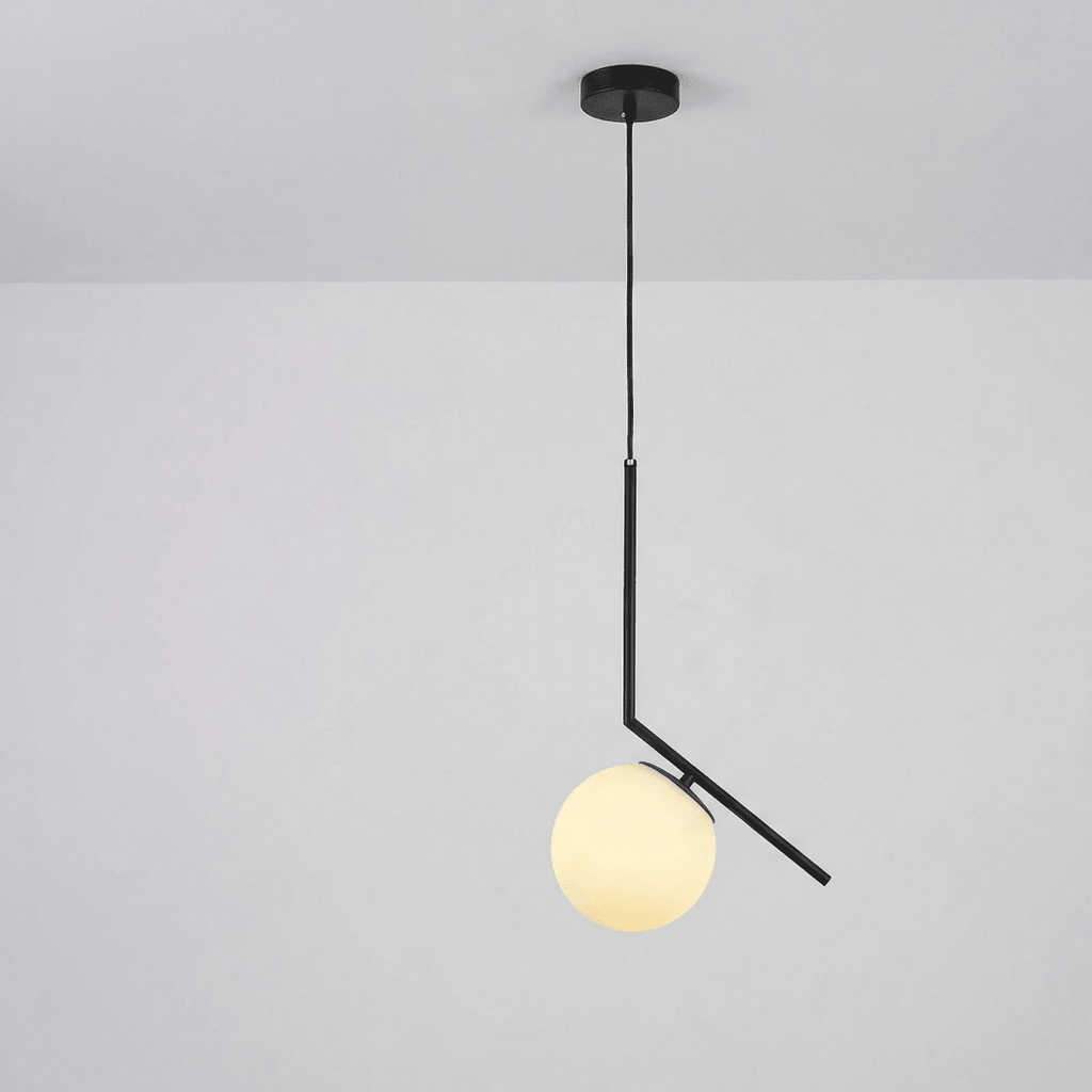 Pendant Light, Angled Iron Frame, Frosted Glass Globe Shade, 12-Inch