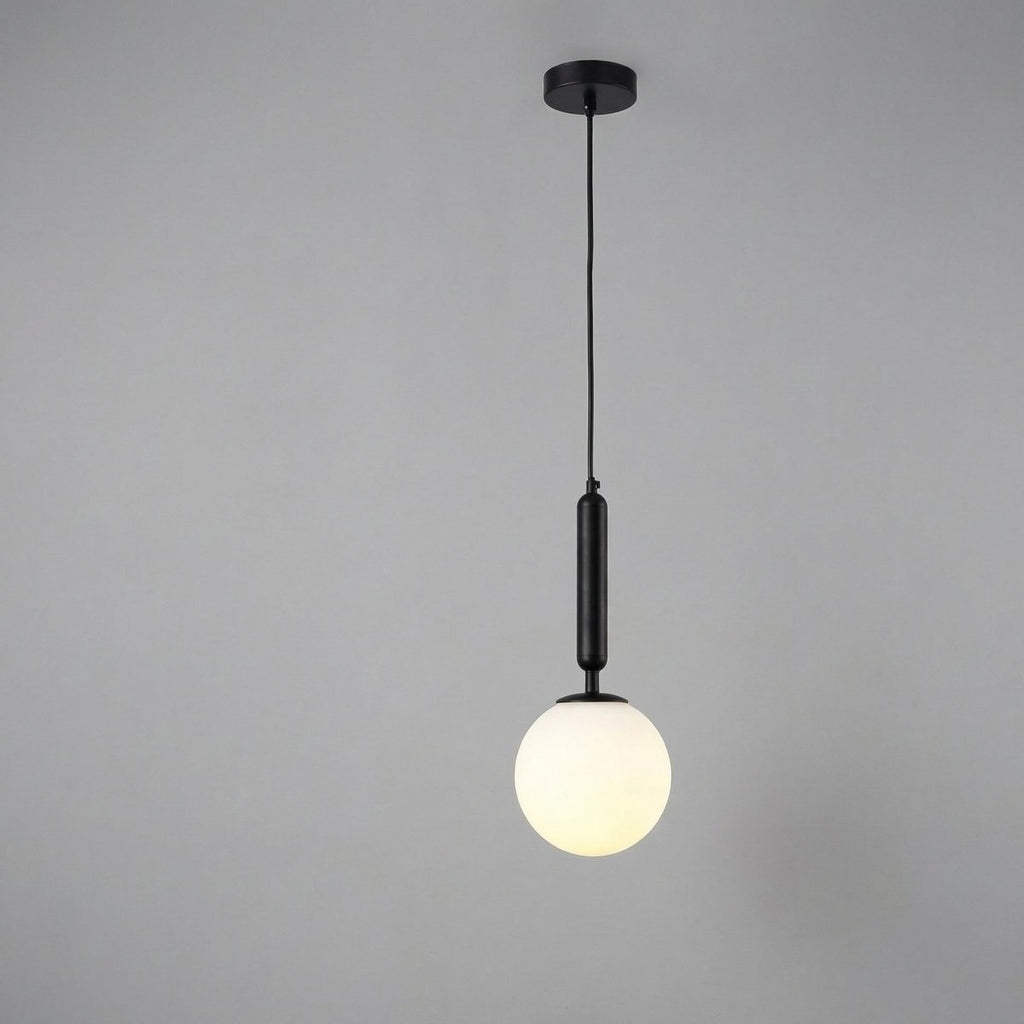 Pendant Light, Black Iron Frame, Frosted Glass Sphere, 12-Inch, Adjustable Cable