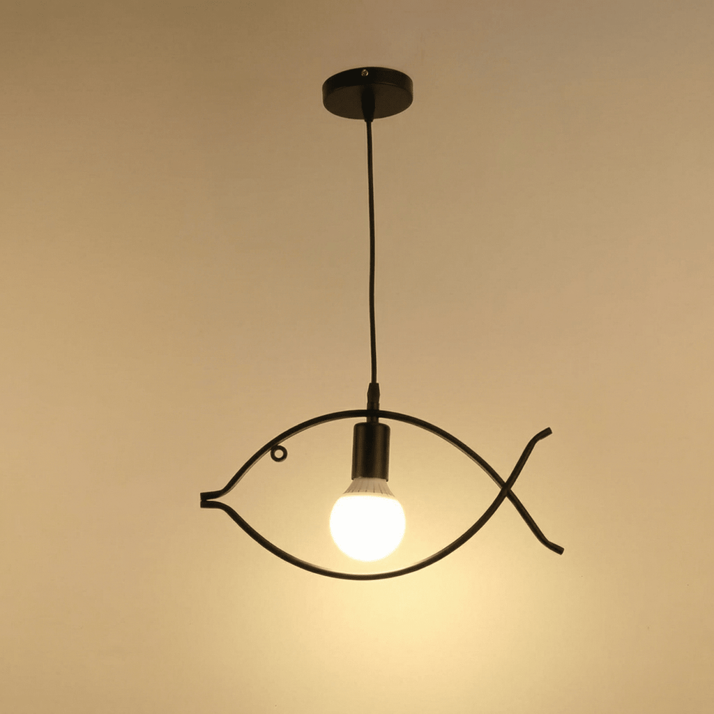 Fish Frame Pendant Light, Black Iron Finish, Nordic-Industrial Style, 18 Inch