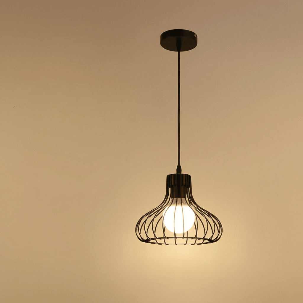 Luminária Pendente com Gaiola Curvada, Ferro Preto Industrial, Diâmetro de 12 Polegadas