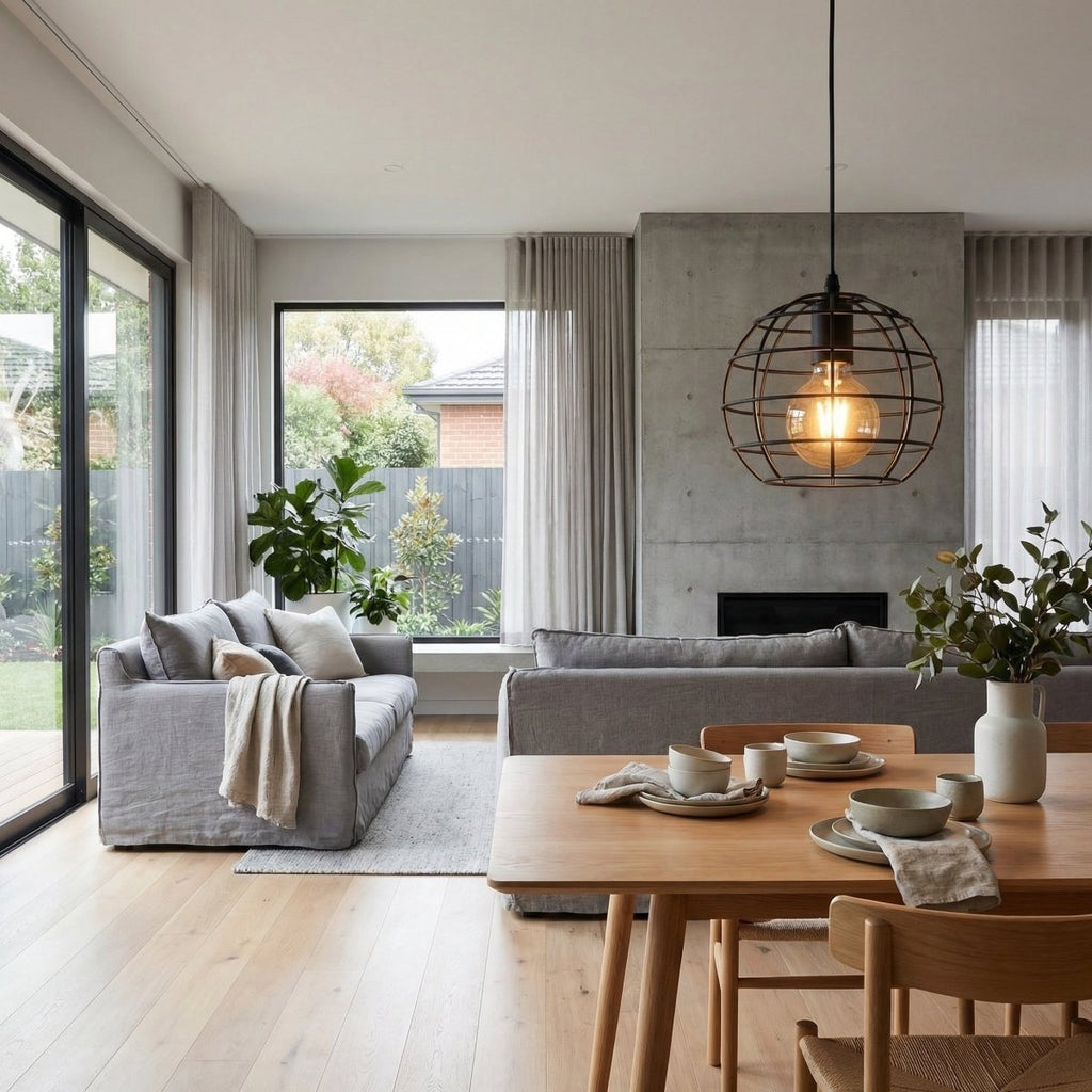 Taklampe, åpen jernbur, rund silhuett, enkeltpære-design