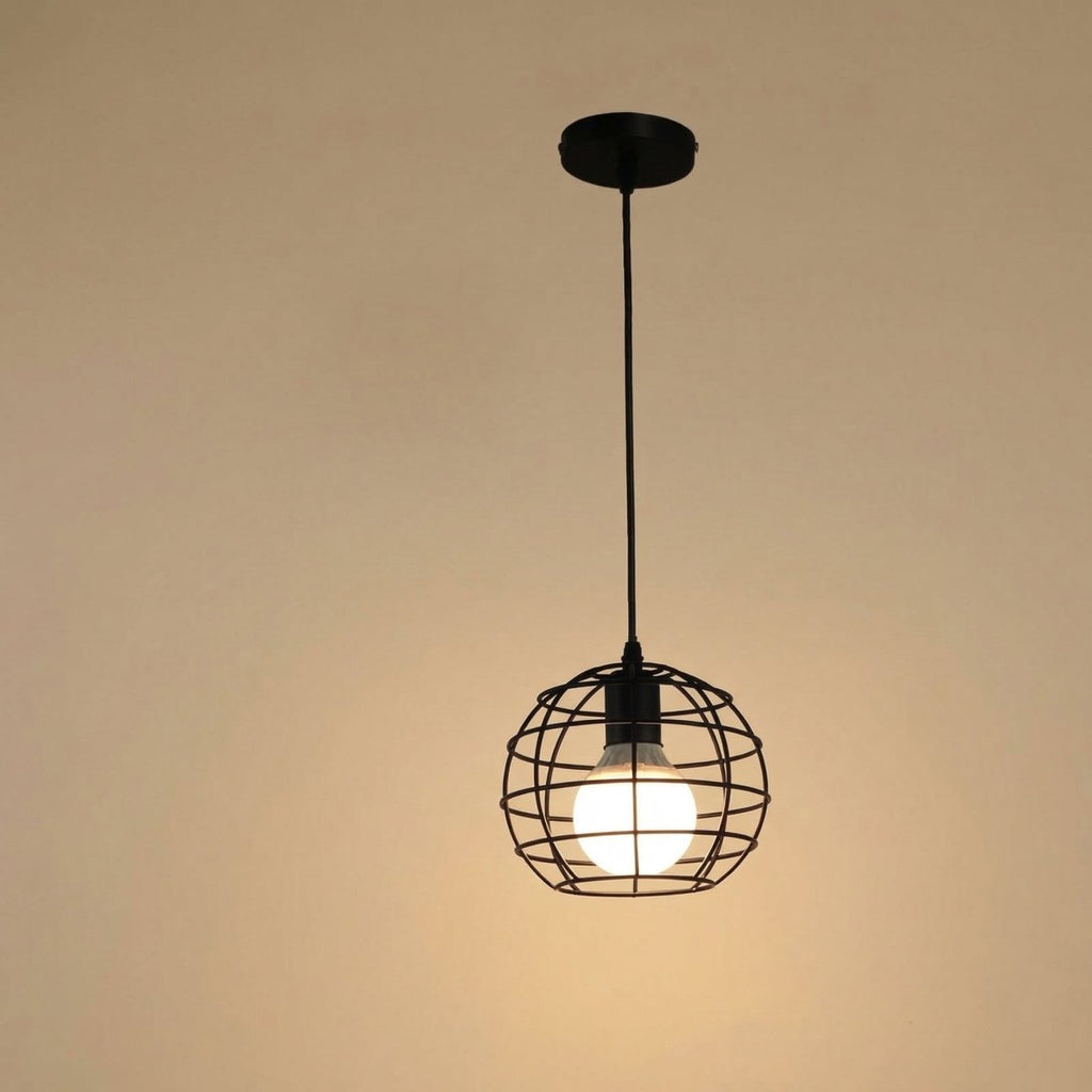 Taklampe, åpen jernbur, rund silhuett, enkeltpære-design