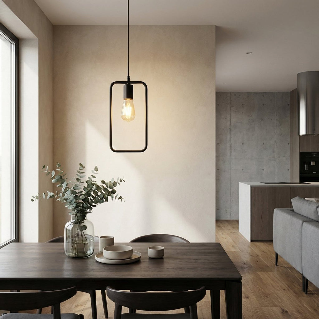 Sort jernpendel, åben rektangulær ramme, moderne minimalistisk, 24x12 tommer