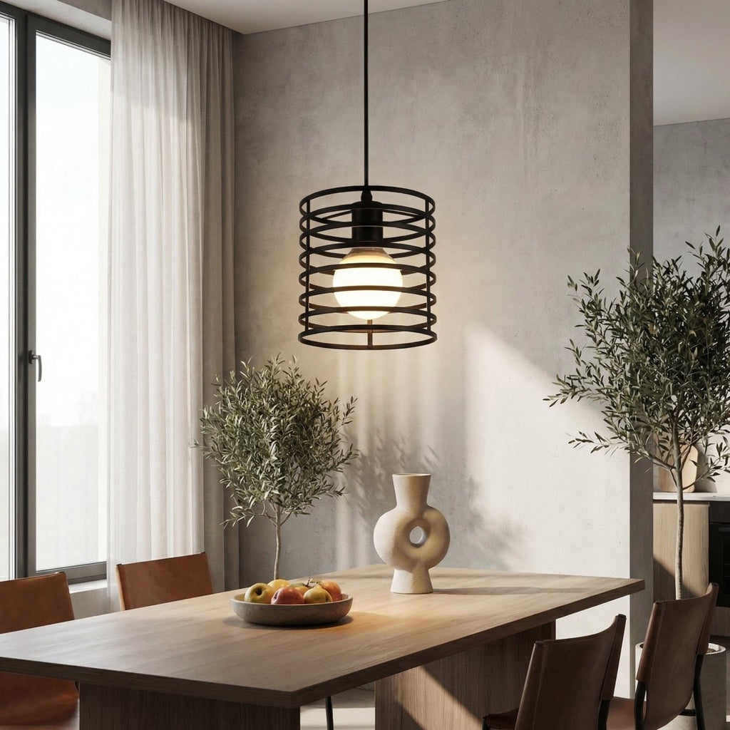 Cylindrical Cage Pendant Light, Striped Black Iron, Industrial Style