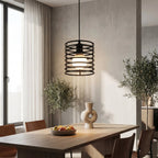 Cylindrical Cage Pendant Light, Striped Black Iron, Industrial Style