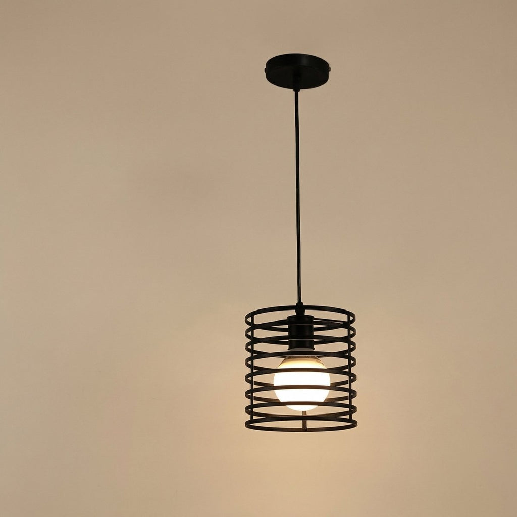 Cylindrical Cage Pendant Light, Striped Black Iron, Industrial Style
