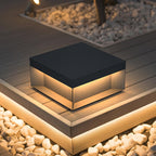 Black post light with frosted shade beside a pathway