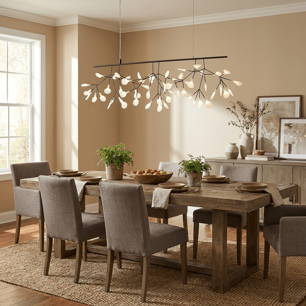 Black branch chandelier casting soft scattered light
