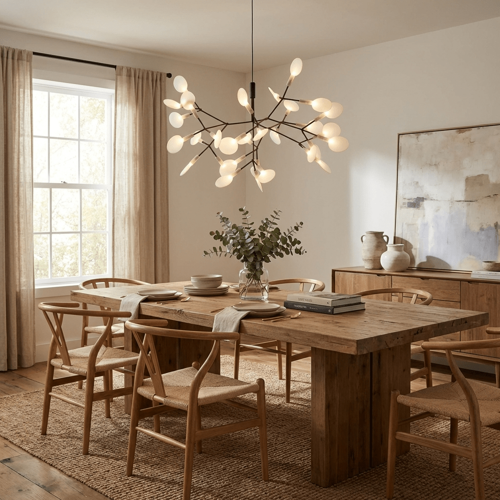 Firefly LED chandelier with delicate acrylic tips lit up