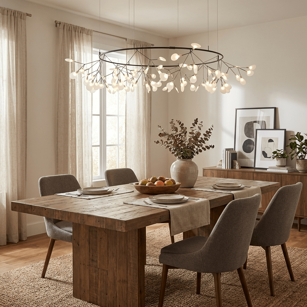 Firefly chandelier glowing above a styled dining table