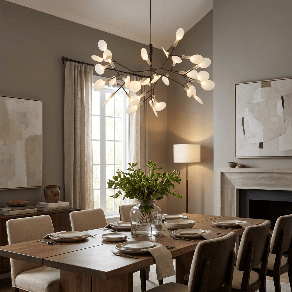 Black LED chandelier with scattered points of soft light