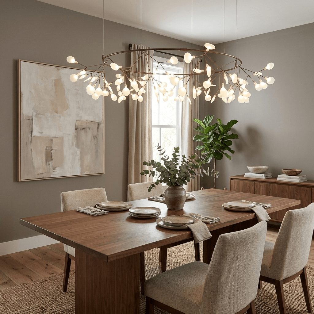 Branch chandelier glowing like fireflies over a dining room