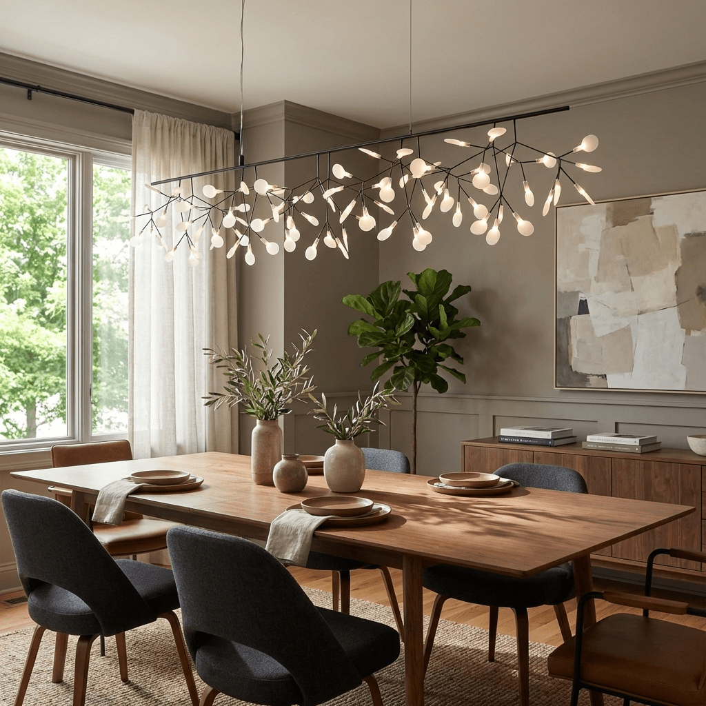 Black firefly LED chandelier with warm glowing tips on branches
