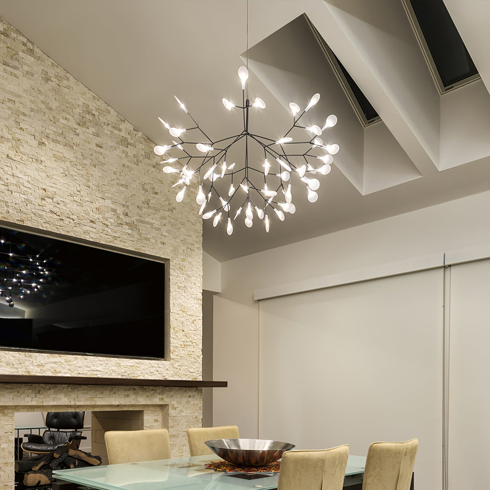 Branch LED chandelier blooming with soft firefly light