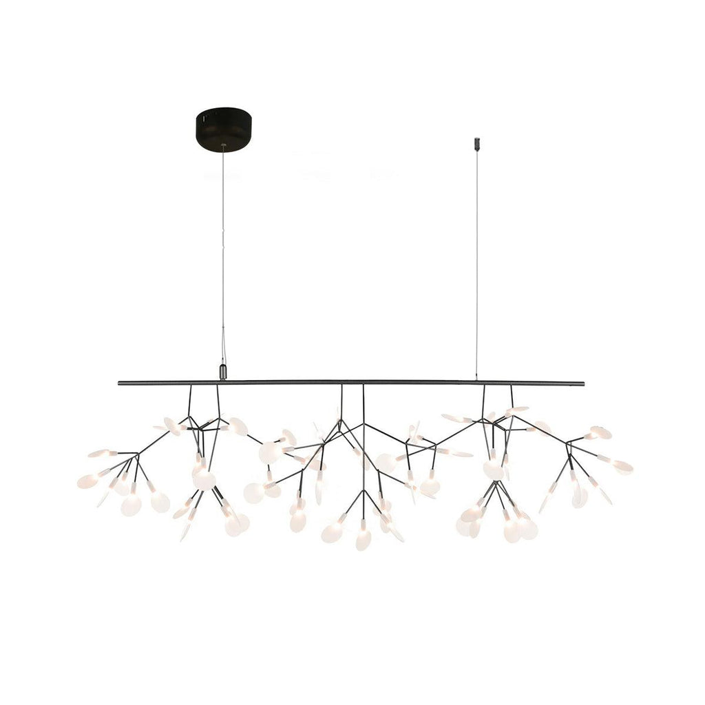 Black branch LED chandelier blooming open across a ceiling
