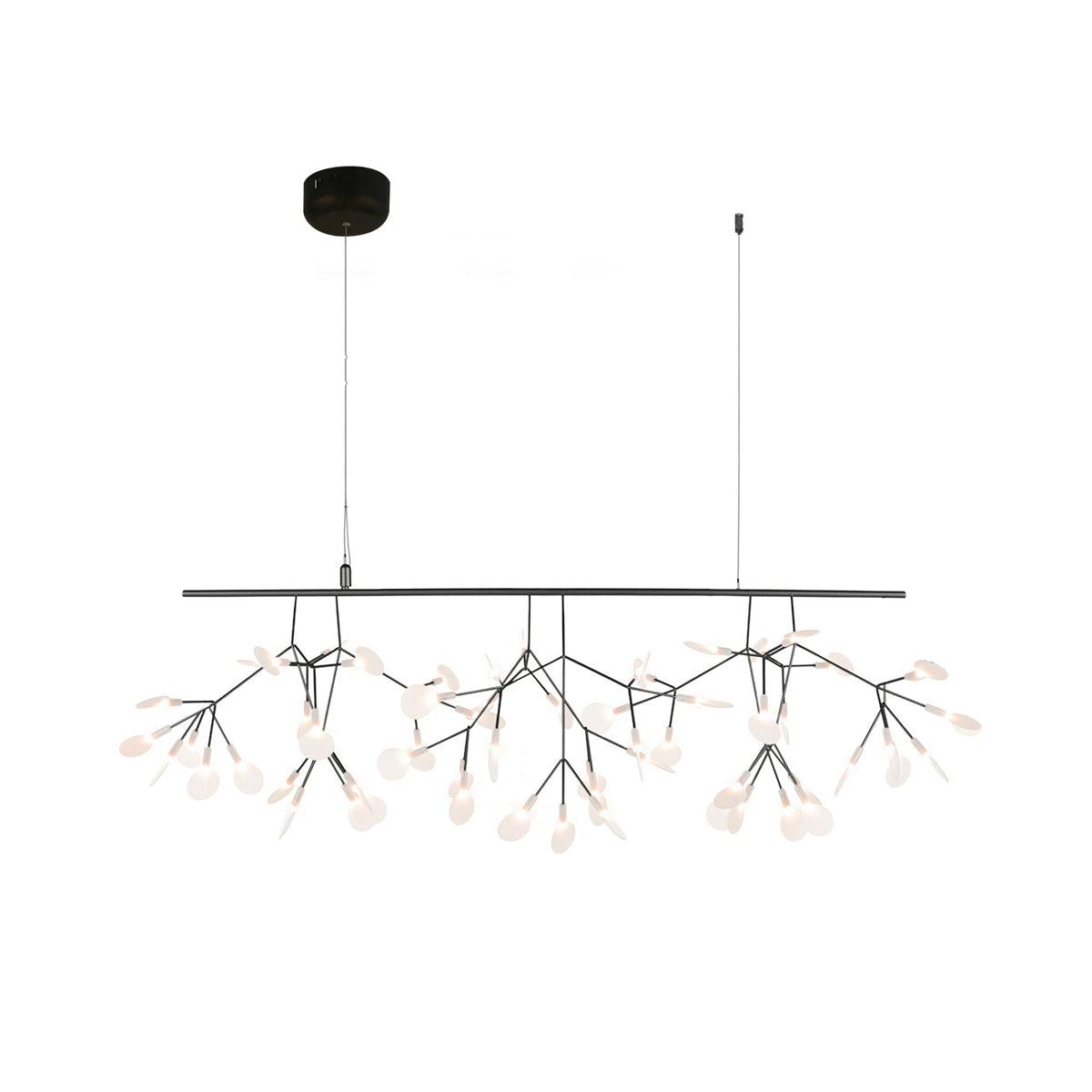 Black branch LED chandelier blooming open across a ceiling