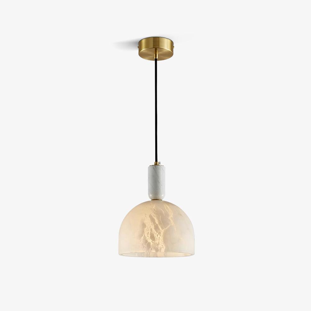 The Clérachic alabaster pendant light shown alone on white, its brass canopy, cord and stone socket collar visible top to bottom.