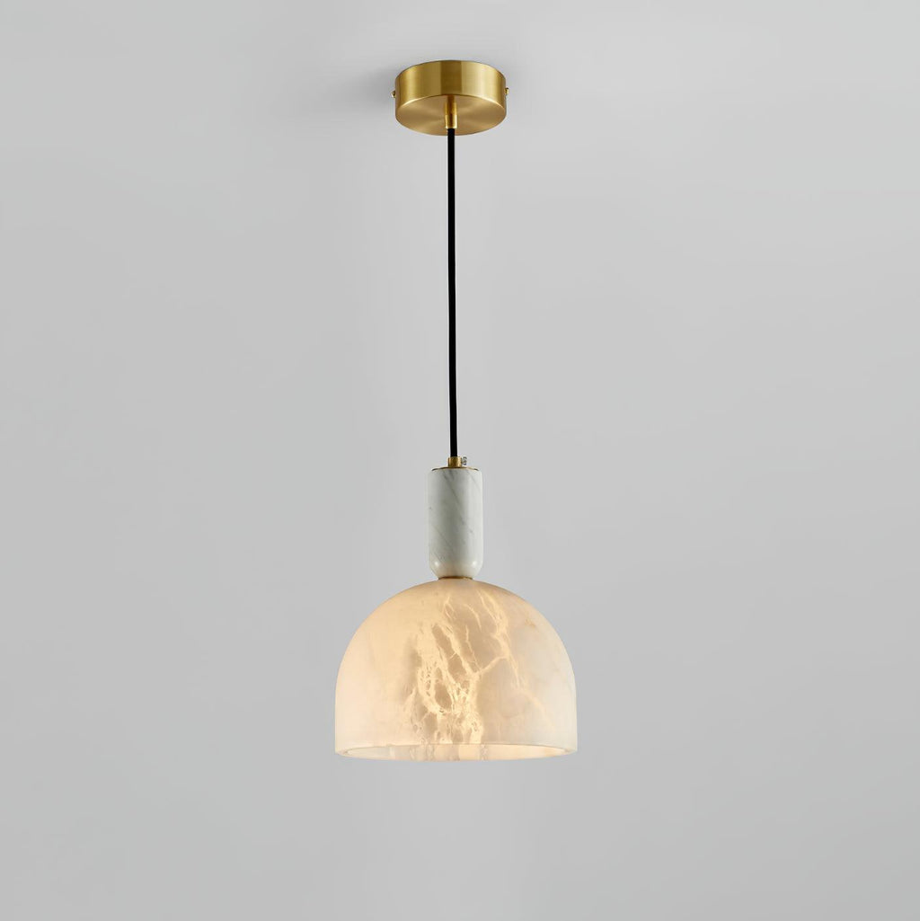 Clérachic alabaster pendant light on a plain grey studio background, shown in full from ceiling canopy to lit dome shade.