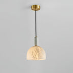 Clérachic alabaster pendant light on a plain grey studio background, shown in full from ceiling canopy to lit dome shade.