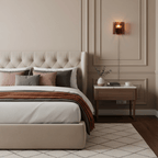 Plug-in wall sconce glowing red against a neutral wall