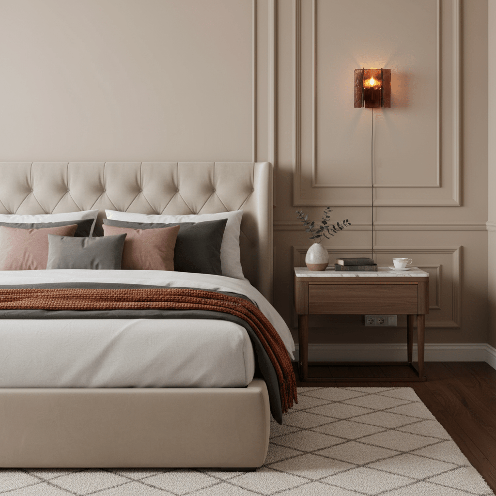 Plug-in wall sconce glowing red against a neutral wall