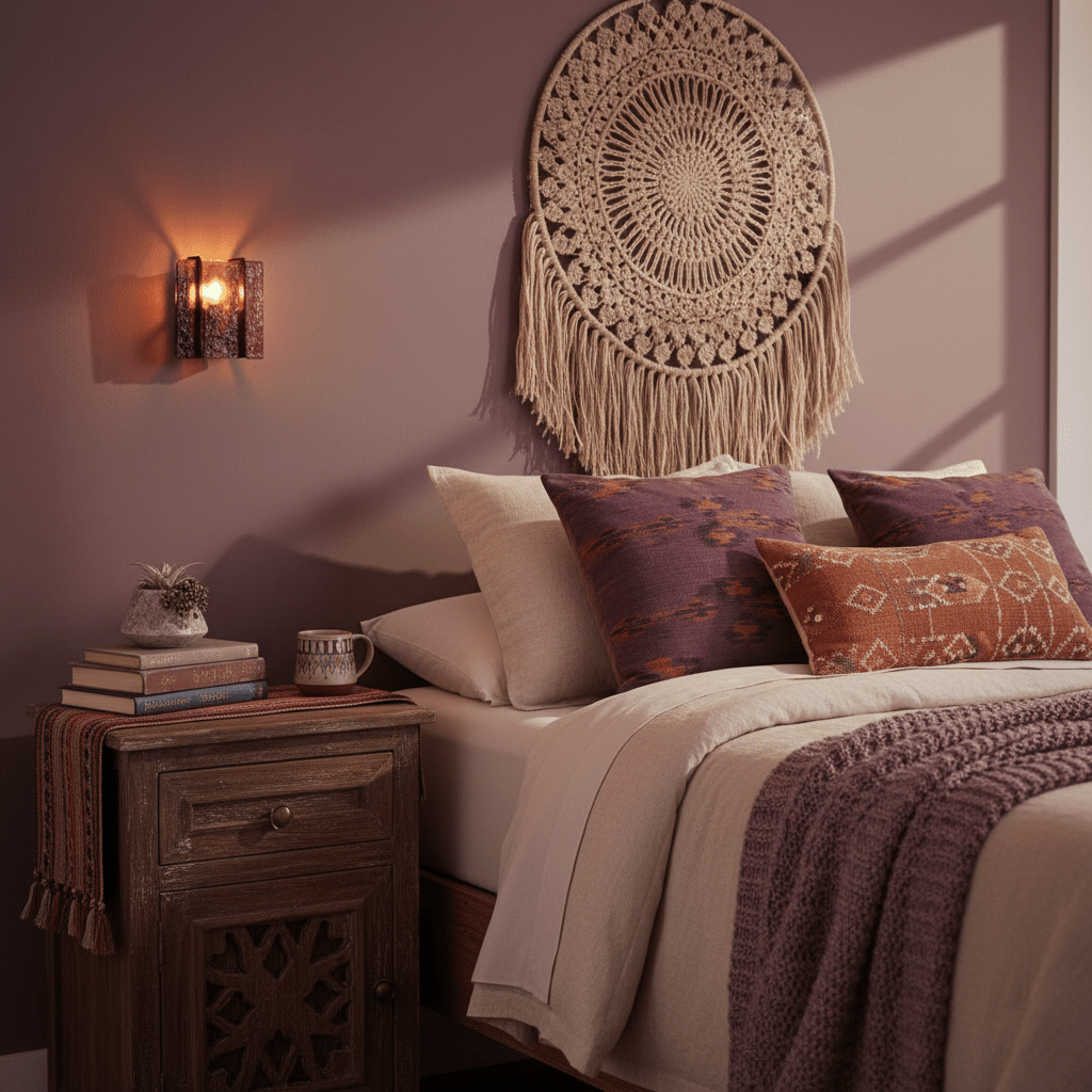 Brass wall sconce with wine red glass accent against a pale wall