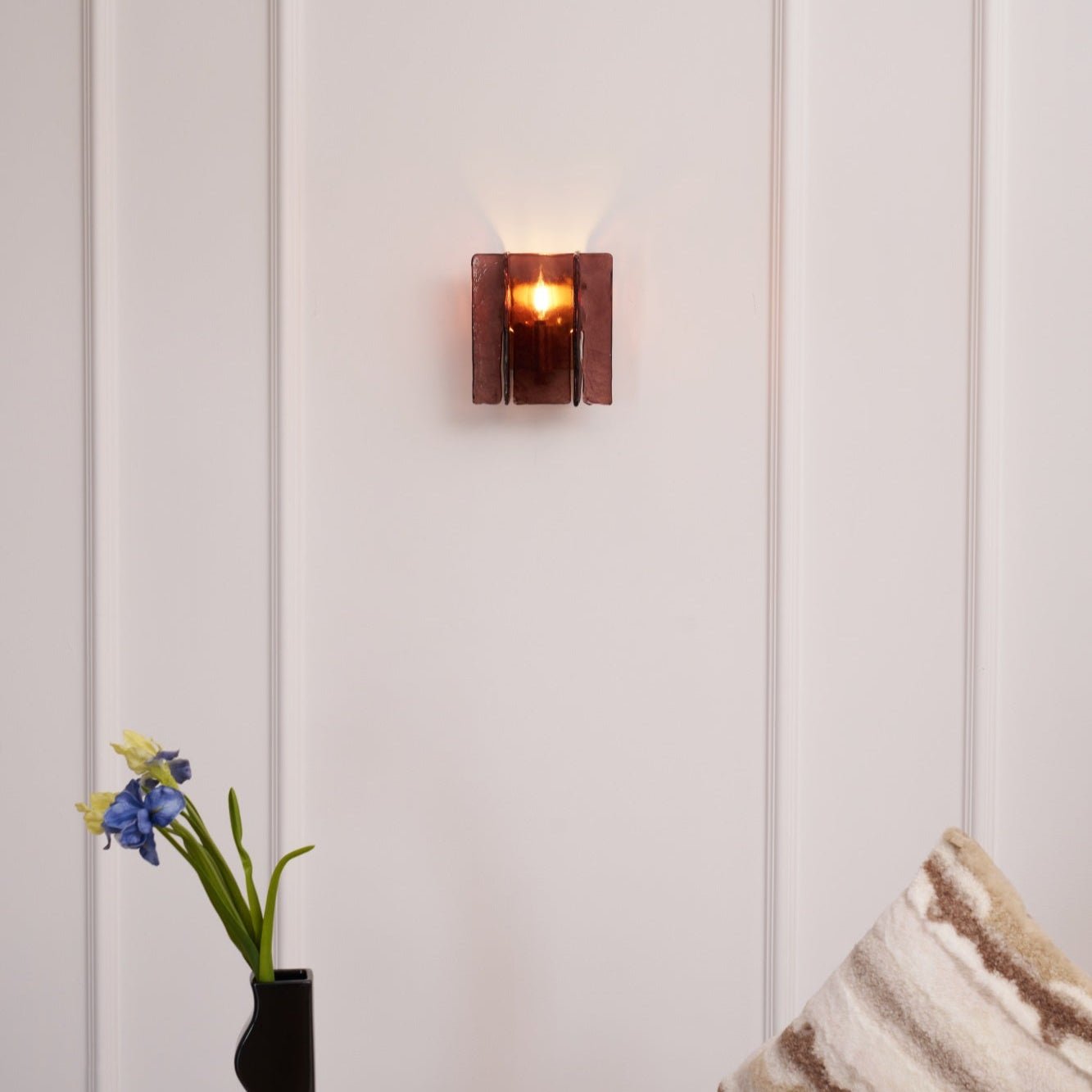 Brass wall sconce with gold frame and clear geometric glass plates