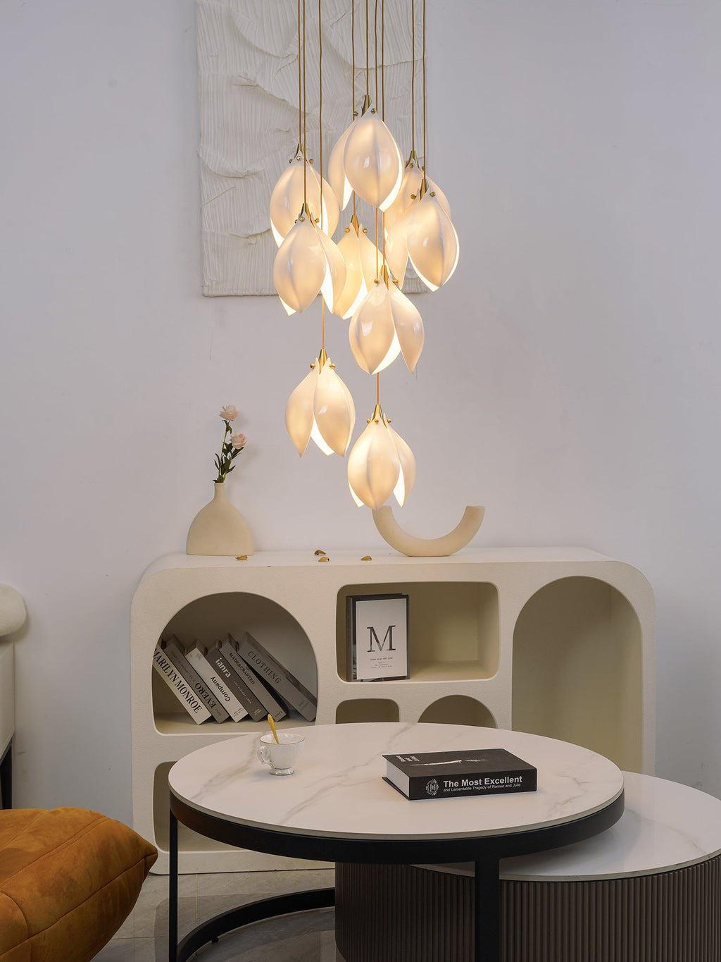 Pendant Light, Ceramic Flower Shades, Brass & White, G9 LED