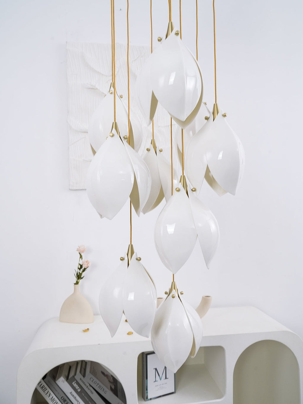 Pendant Light, Ceramic Flower Shades, Brass & White, G9 LED