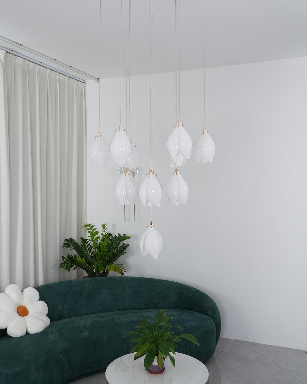 Pendant Light, Ceramic Flower Shades, Brass & White, G9 LED