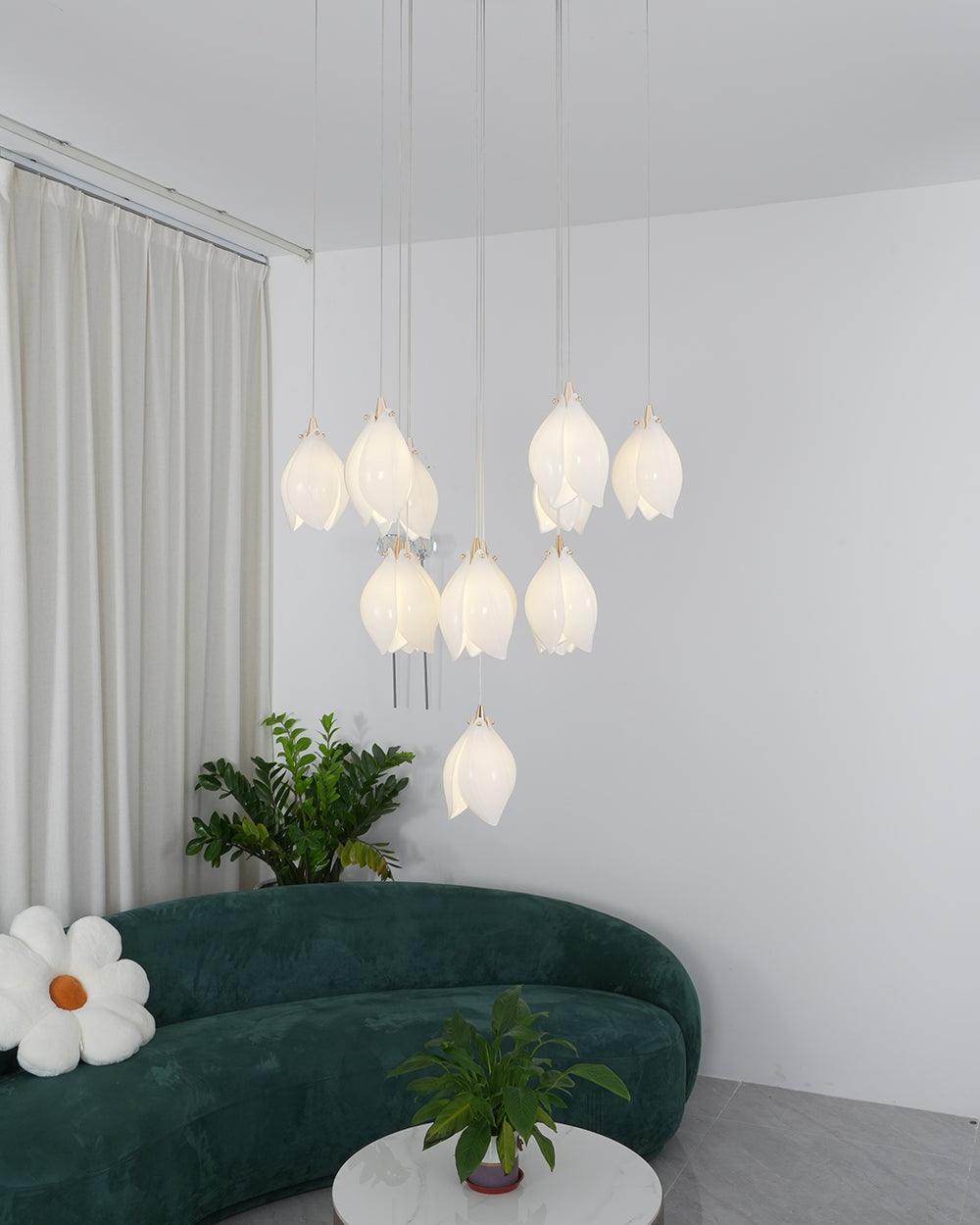 Pendant Light, Ceramic Flower Shades, Brass & White, G9 LED