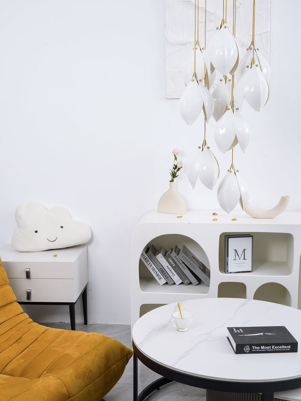 Pendant Light, Ceramic Flower Shades, Brass & White, G9 LED