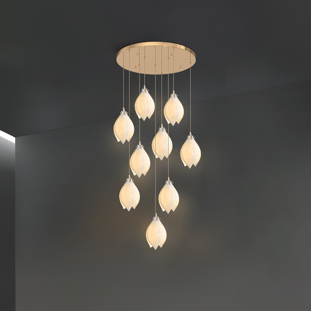 Pendant Light, Ceramic Flower Shades, Brass & White, G9 LED