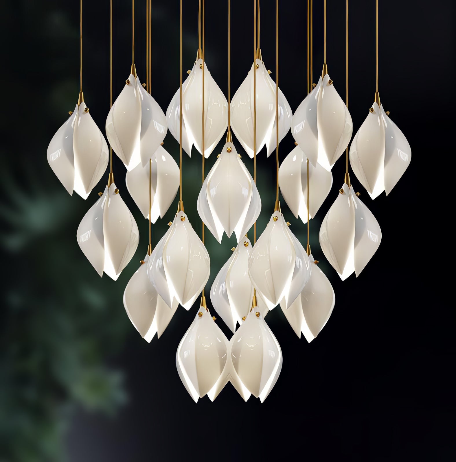 Pendant Light, Ceramic Flower Shades, Brass & White, G9 LED