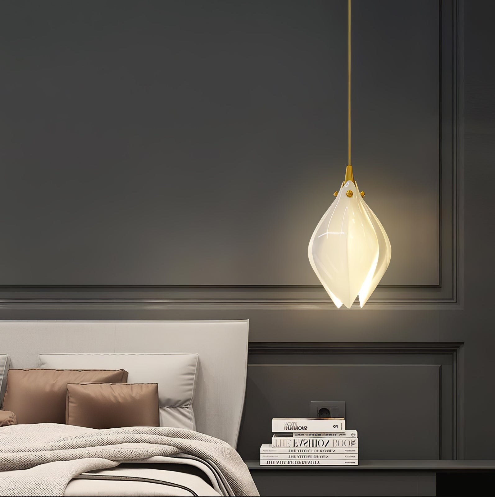 Pendant Light, Ceramic Flower Shades, Brass & White, G9 LED