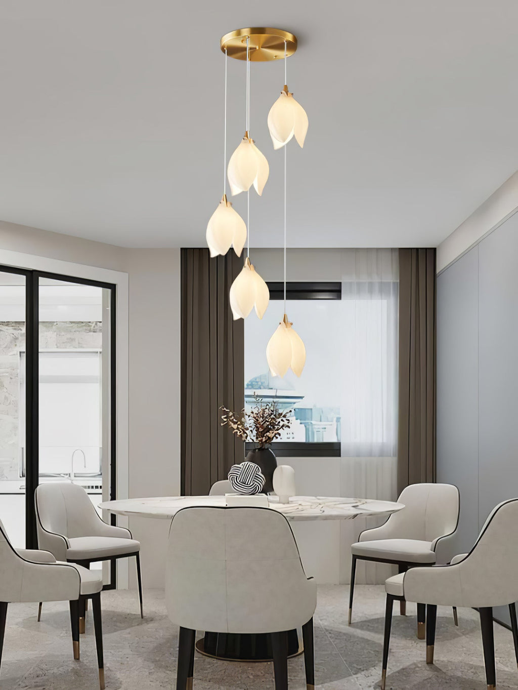 Pendant Light, Ceramic Flower Shades, Brass & White, G9 LED