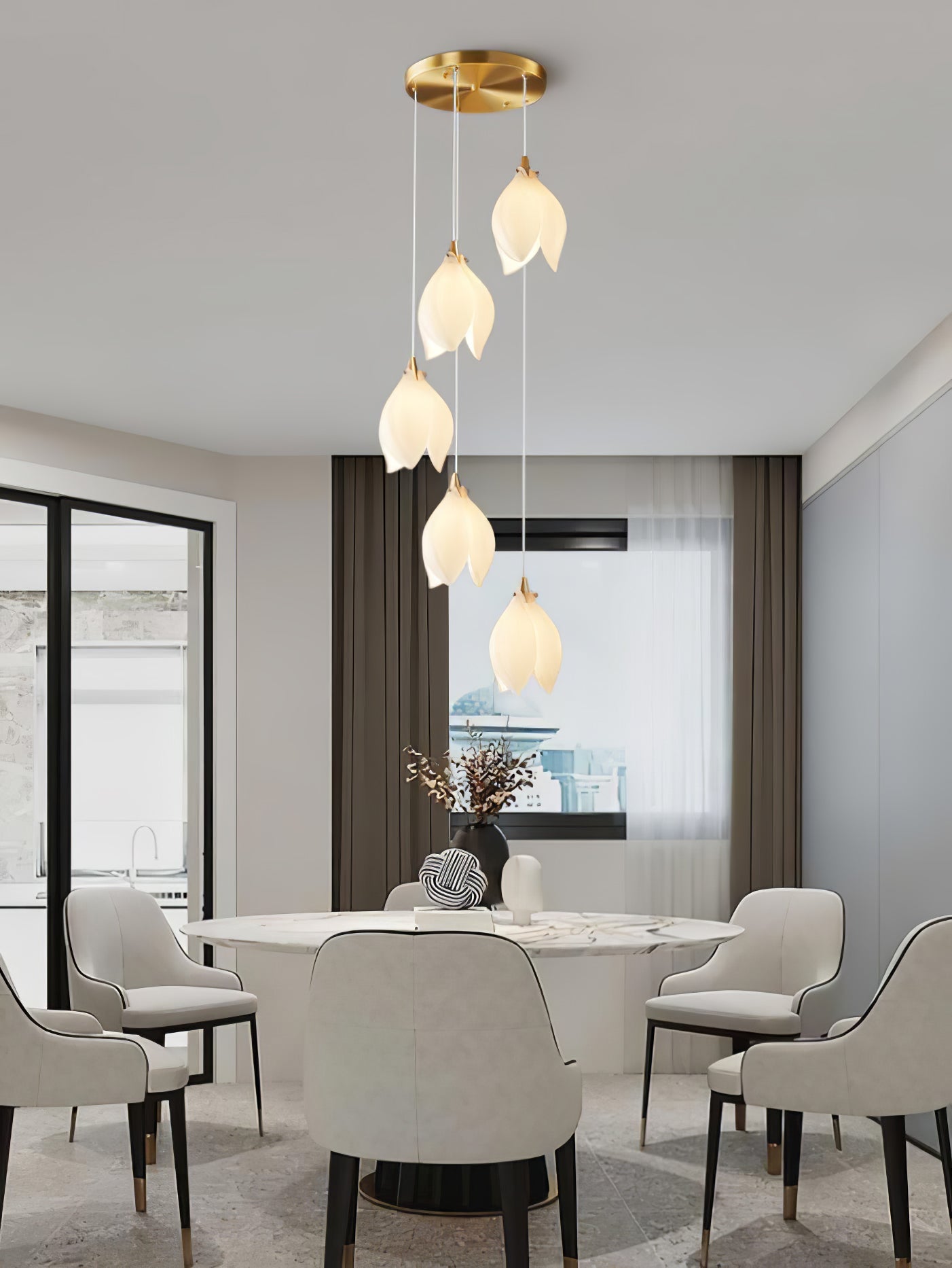 Pendant Light, Ceramic Flower Shades, Brass & White, G9 LED