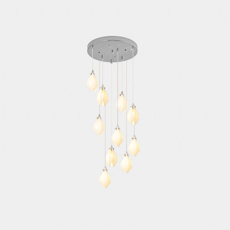 Ceramic bloom pendant light cluster with brass stems and white shades