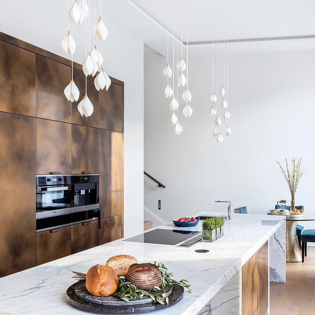 Pendant Light, Ceramic Flower Shades, Brass & White, G9 LED