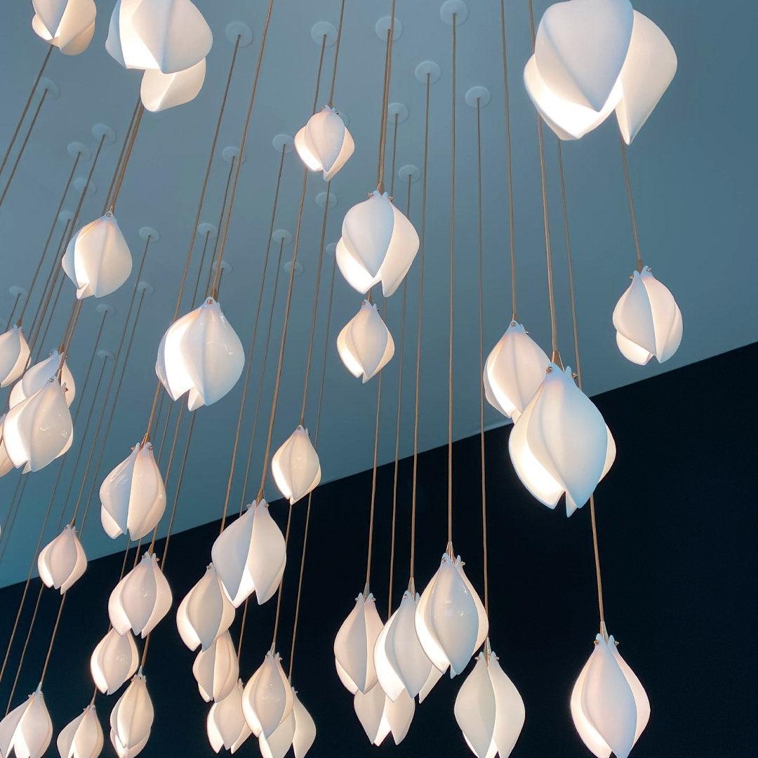 Pendant Light, Ceramic Flower Shades, Brass & White, G9 LED