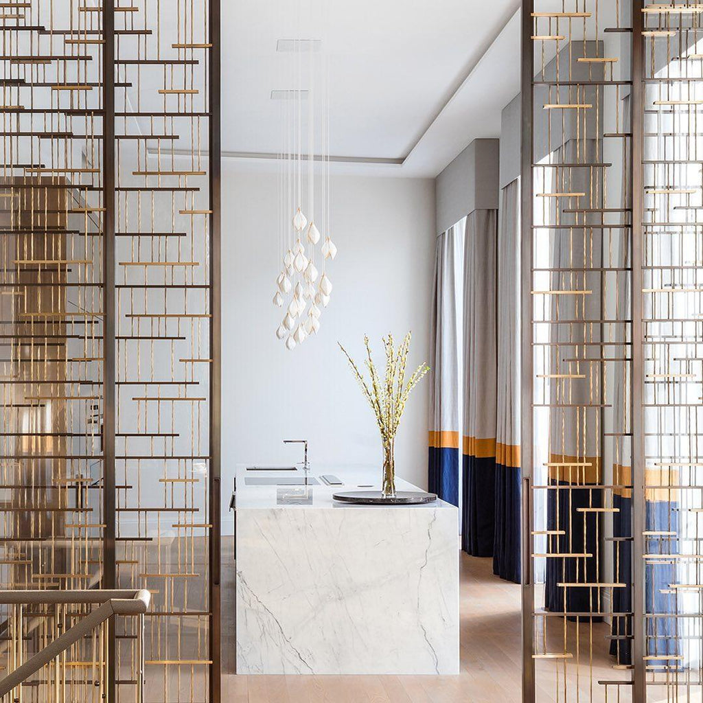 Pendant Light, Ceramic Flower Shades, Brass & White, G9 LED