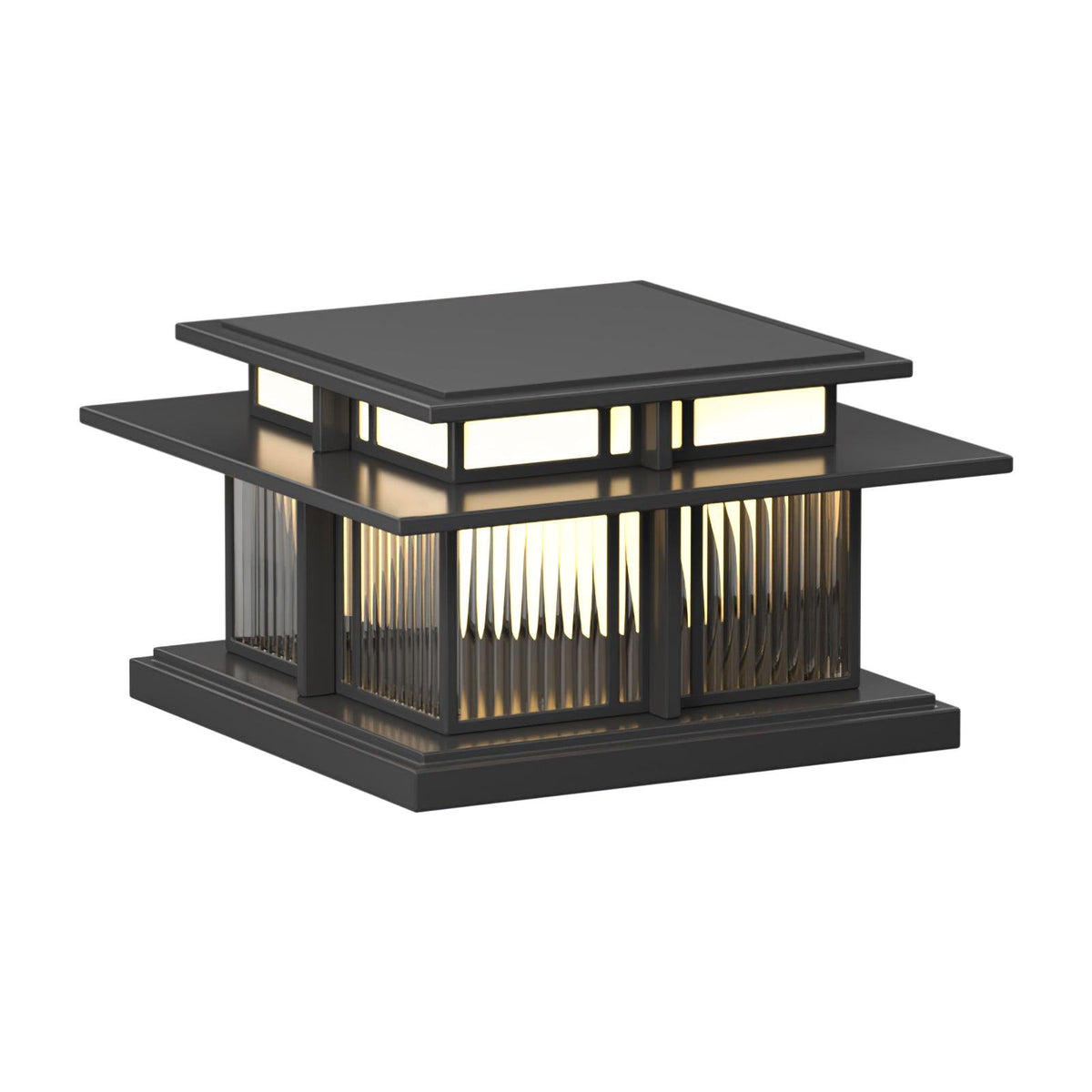 Unlit, this Clérachic pillar light stands on a white backdrop, its fluted glass panels set between dark frames.